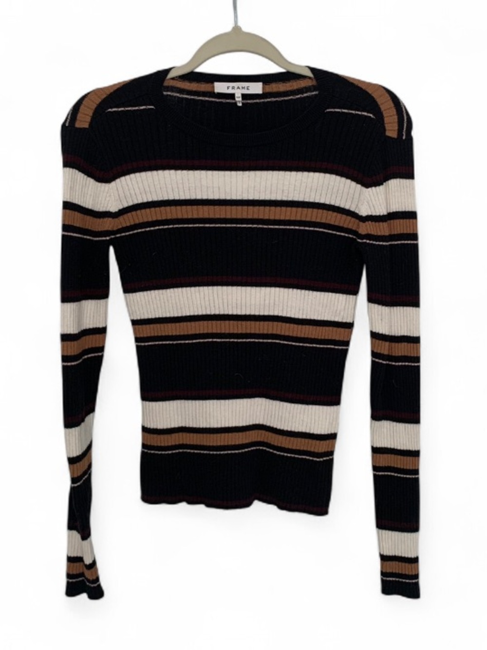 Frame Denim Black Cream Brown Striped Ribbed Knit Sweater